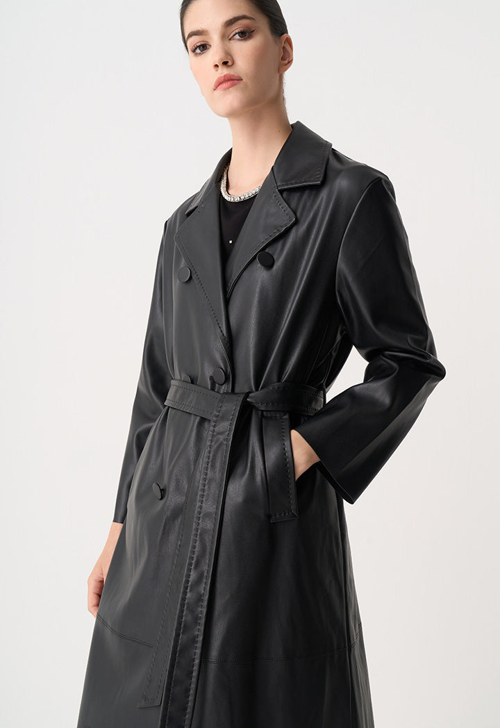 Choice Synthetic Leather Belted Maxi Trench Coat Black