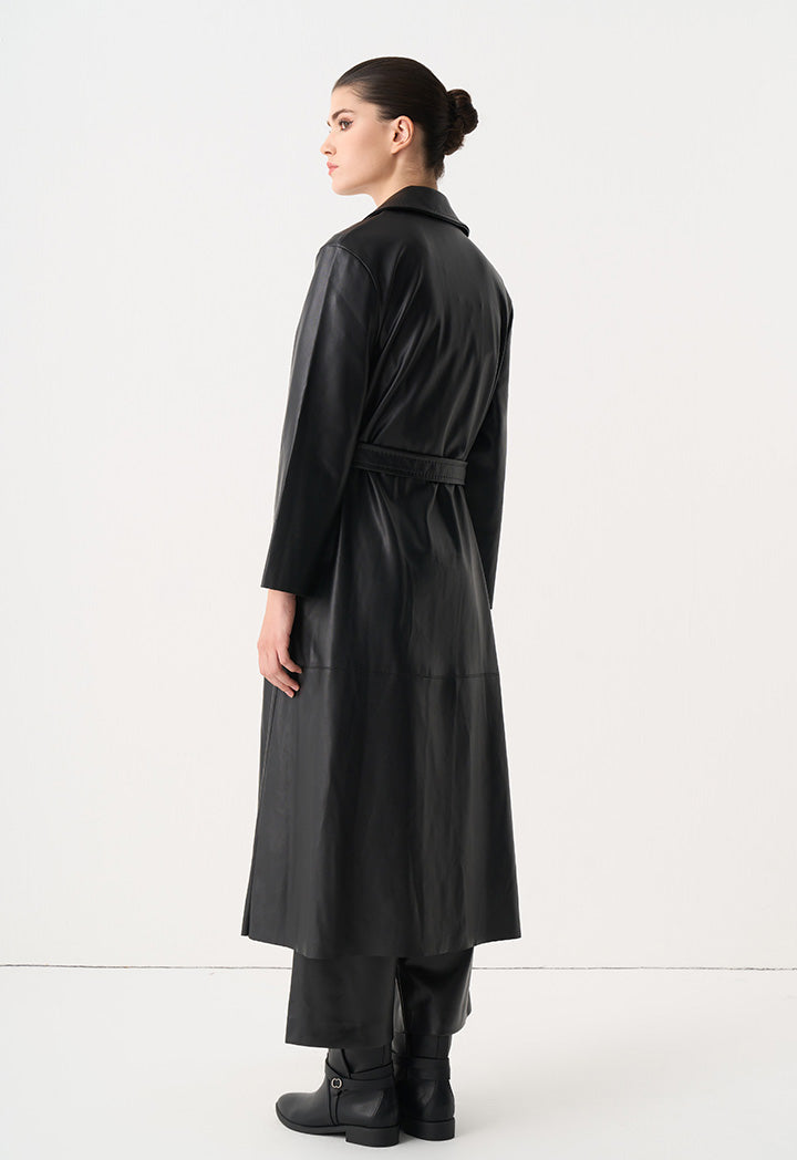 Choice Synthetic Leather Belted Maxi Trench Coat Black