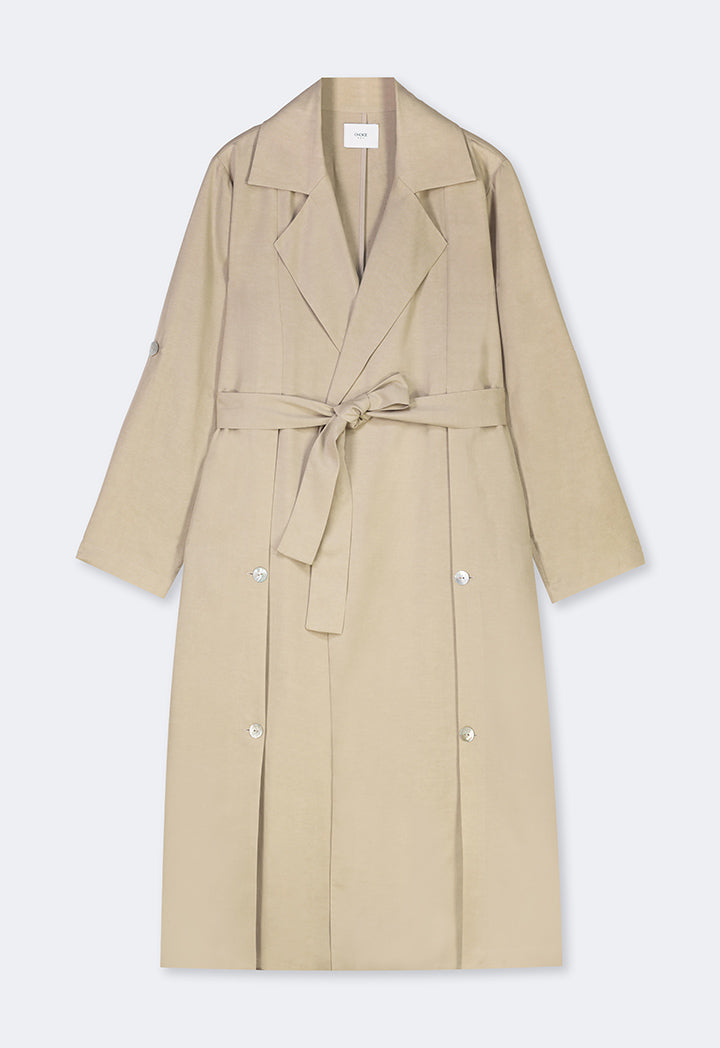 Choice Solid Long Sleeve Belted Coat Beige