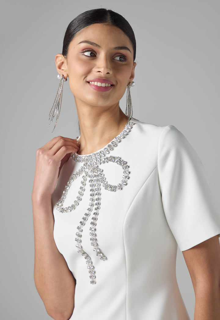 Choice Solid Crystal Embellished Midi Dress Off White