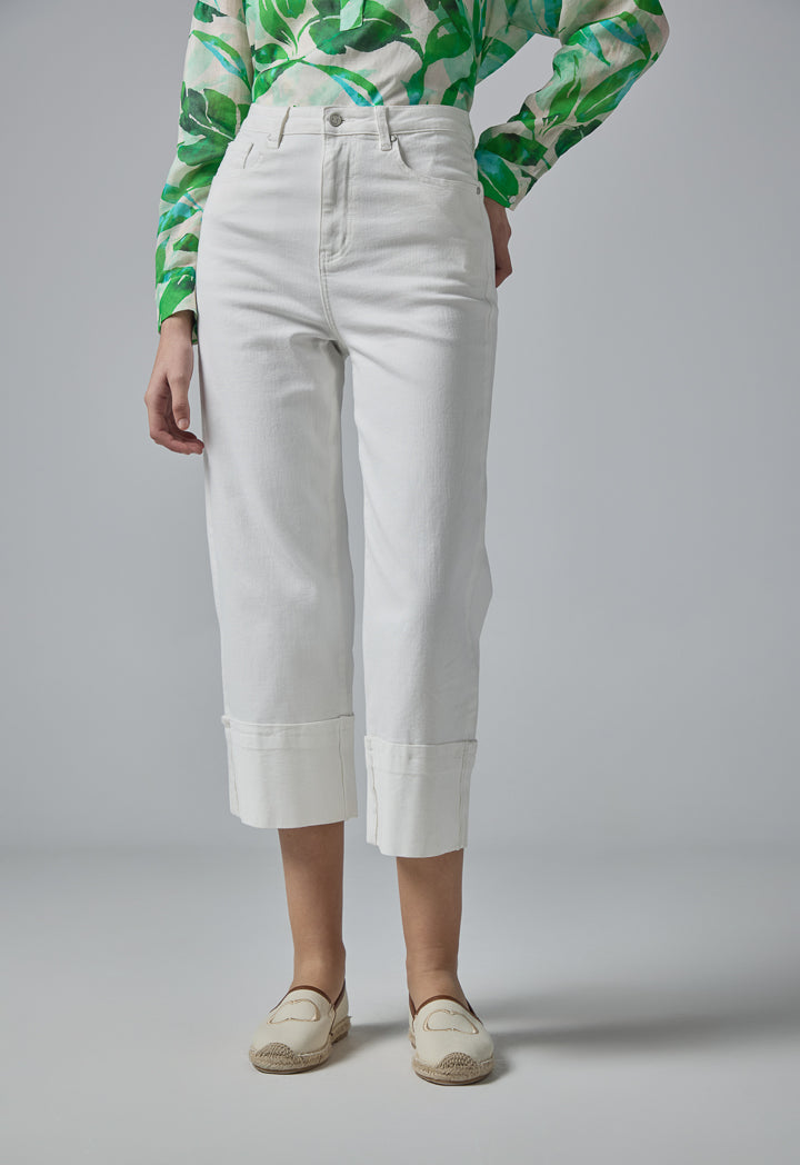 Choice Folded Hem Solid Denim Trousers Off White