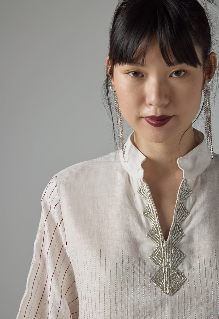 Choice Geometric Stitch Striped Flared Dress - Ramadan Style Off White
