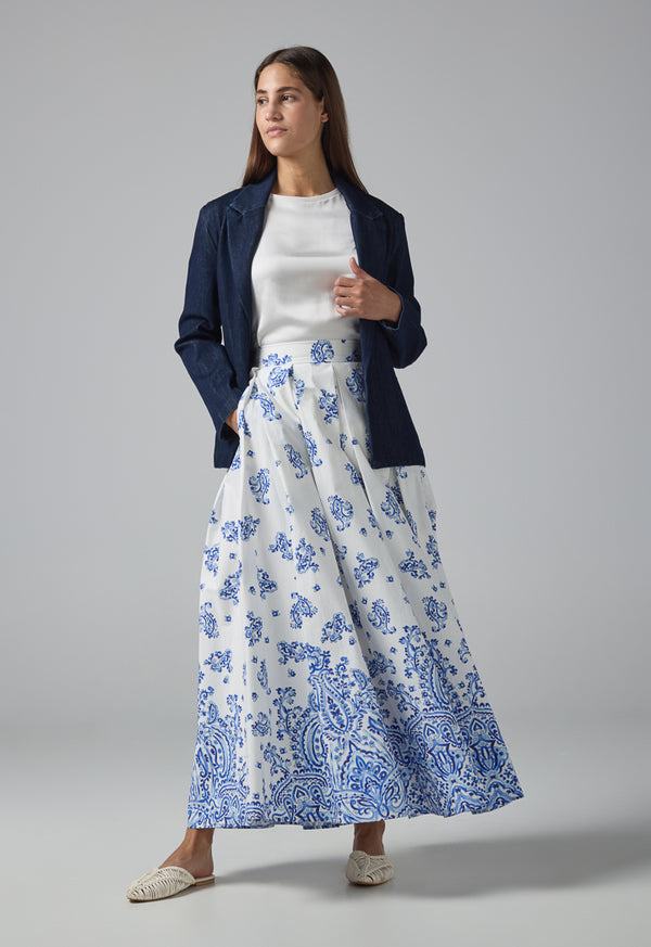 Choice Pleated Flared Printed Maxi Skirt Off White