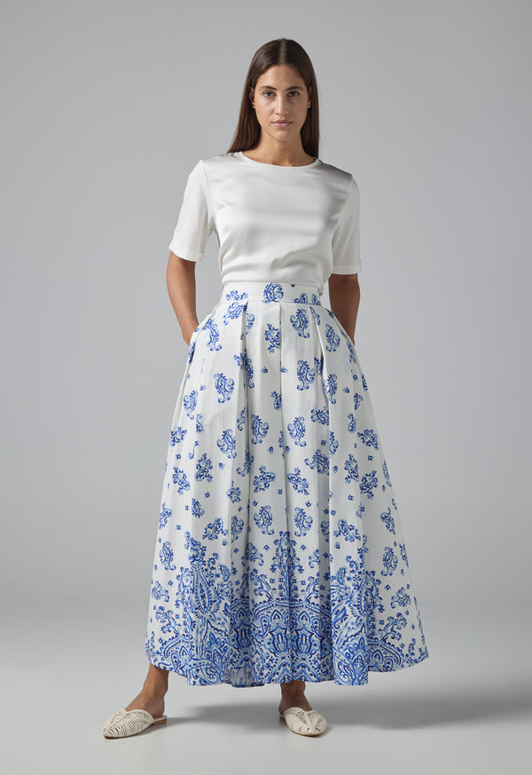 Choice Pleated Flared Printed Maxi Skirt Off White