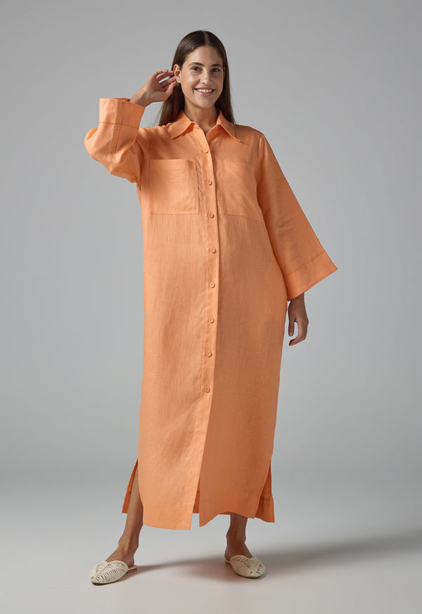 Choice Solid Front Pockets Belted Shirt Dress Orange