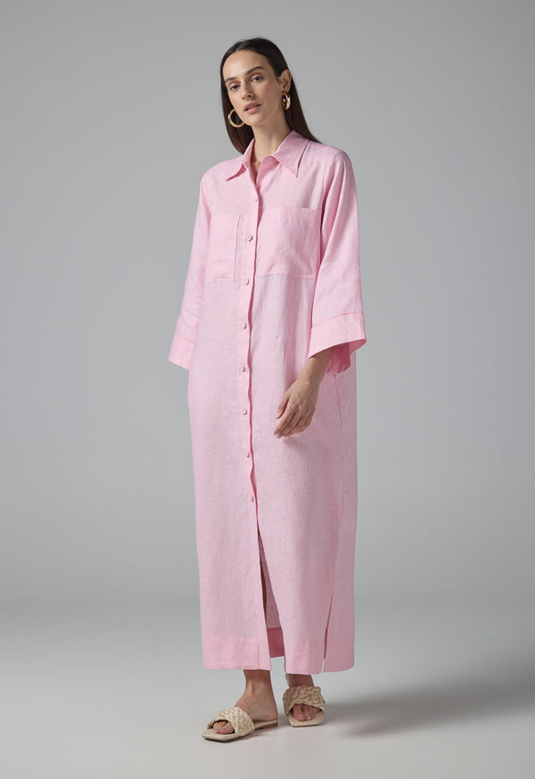 Choice Solid Front Pockets Belted Shirt Dress Pink