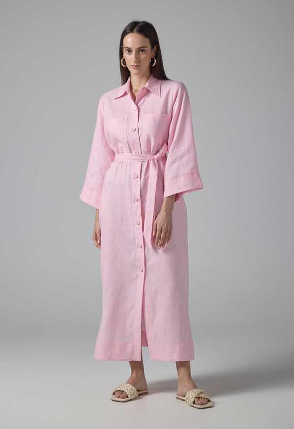 Choice Solid Front Pockets Belted Shirt Dress Pink
