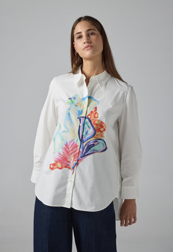 Choice Long Sleeve High Low Printed Shirt Off White