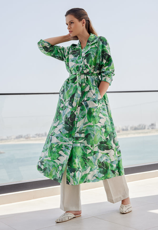 Choice Floral Print Belted Coat Green