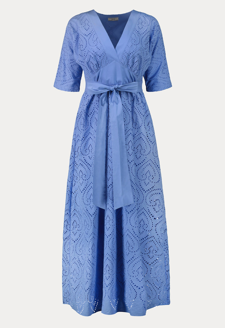 Choice V-Neck Schiffli Long Dress Blue - Wardrobe Fashion