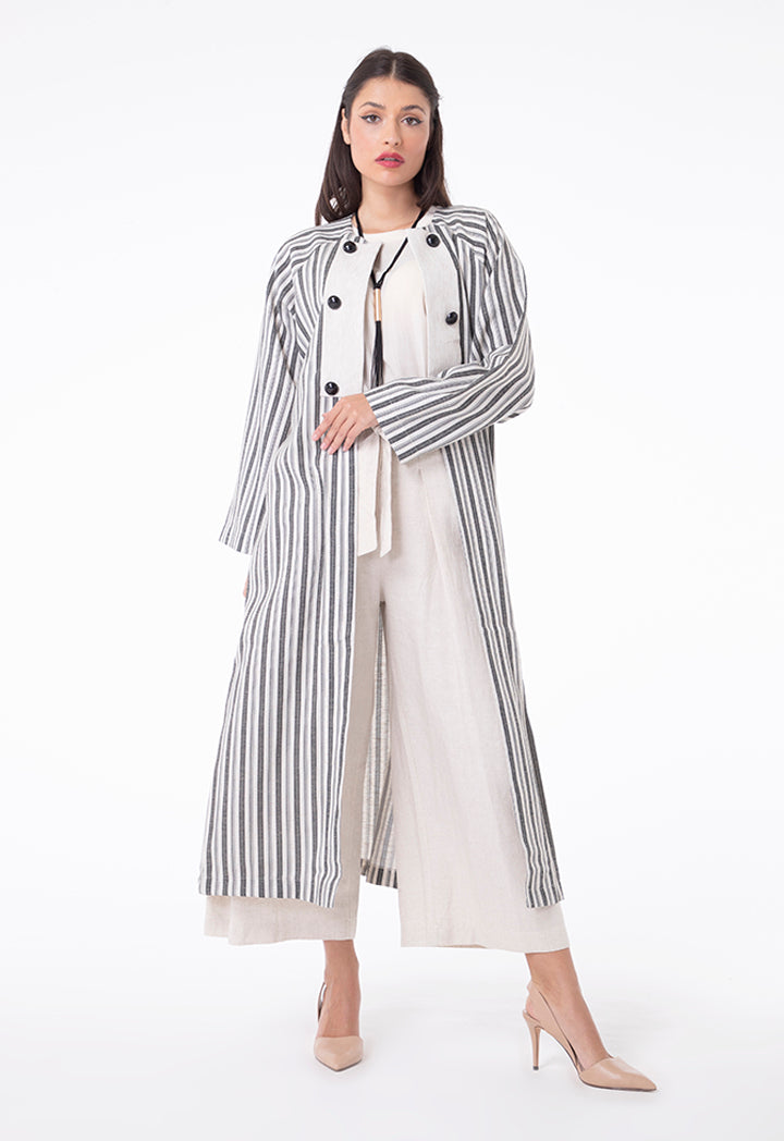 Choice Belted Long Stripes Kimono Cardigan Beige Stripes