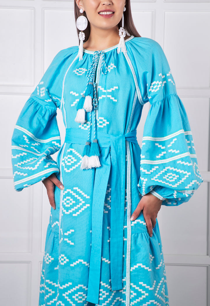 Choice Embroidered Linen Midi Dress Blue - Wardrobe Fashion