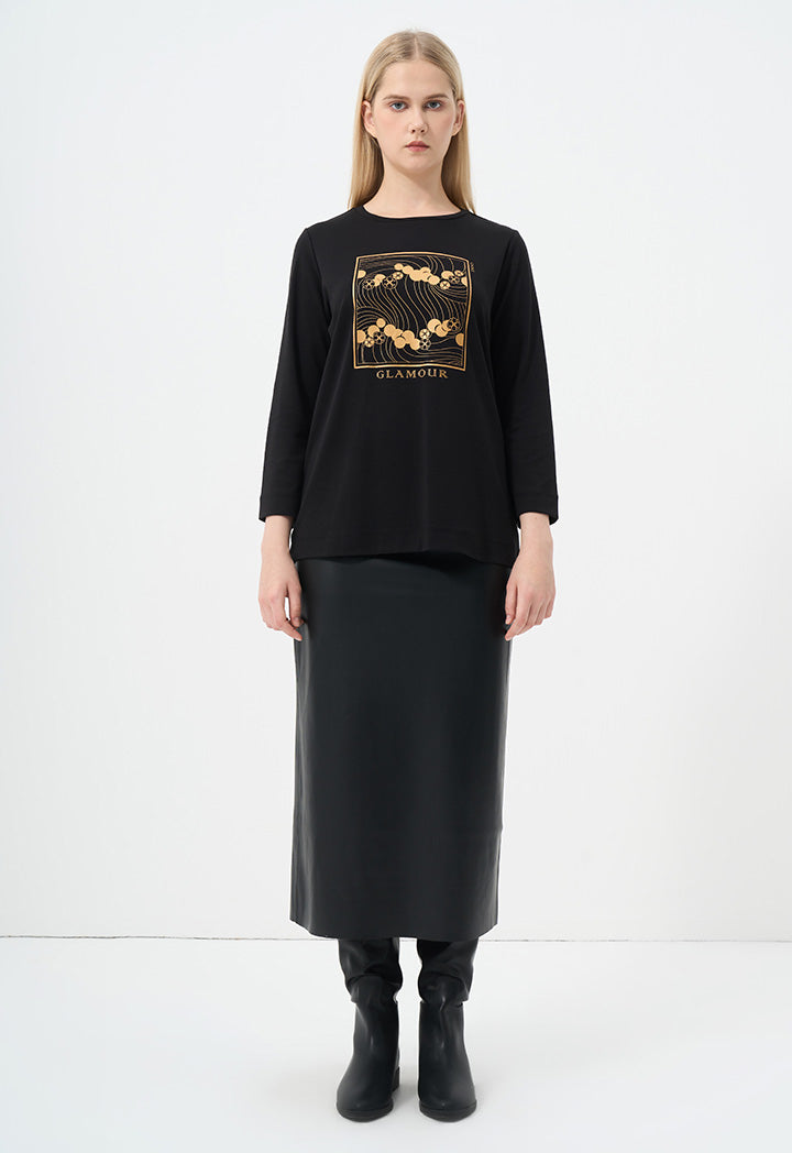 Choice Long Sleeve Printed Motif Top Black
