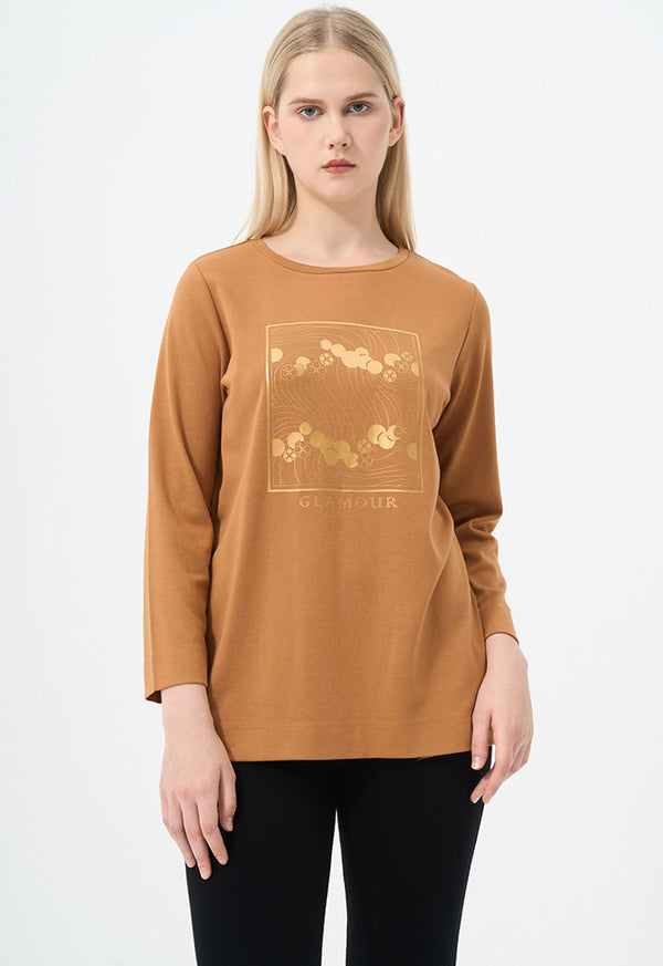 Choice Long Sleeve Printed Motif Top Camel