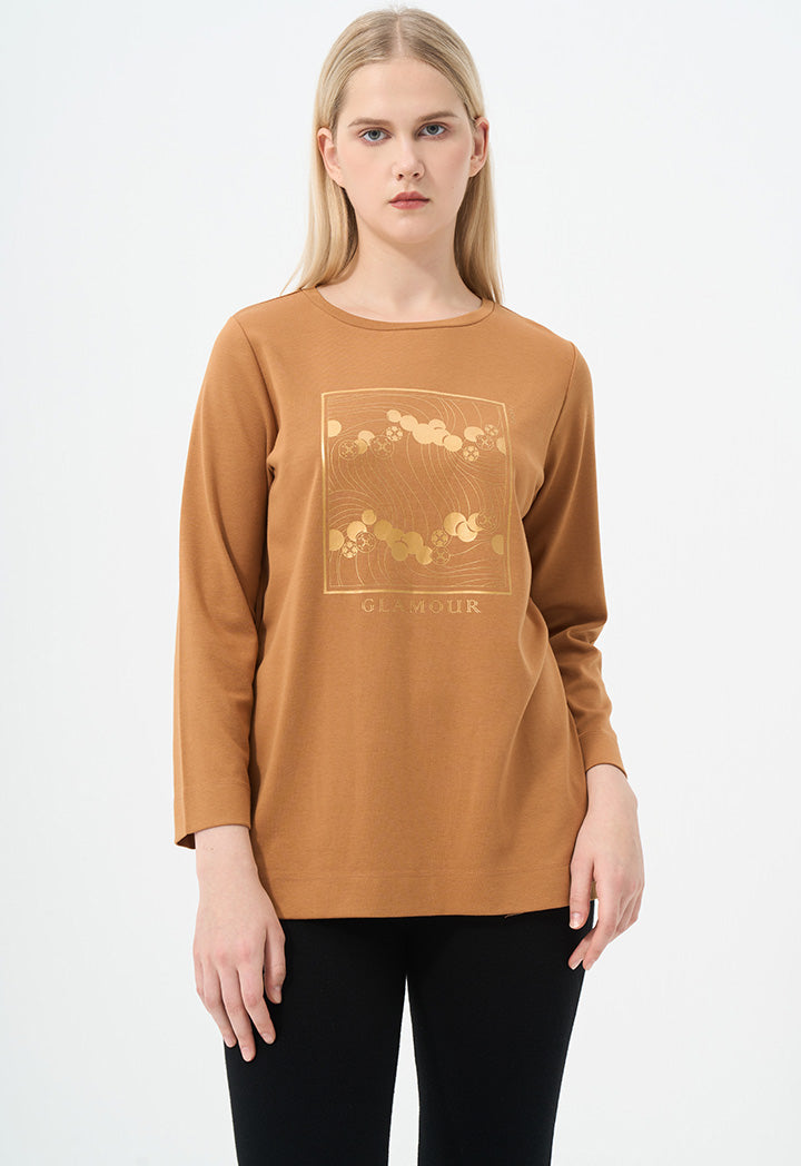 Choice Long Sleeve Printed Motif Top Camel