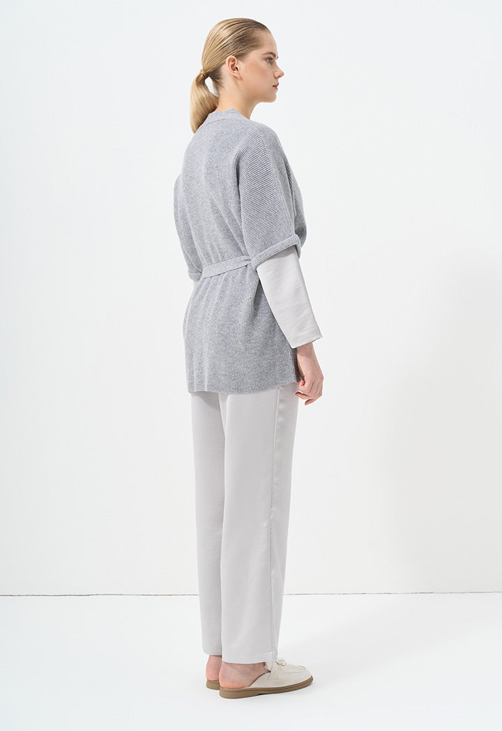 Choice Solid Short Sleeve Knitted Belted Cardigan Grey