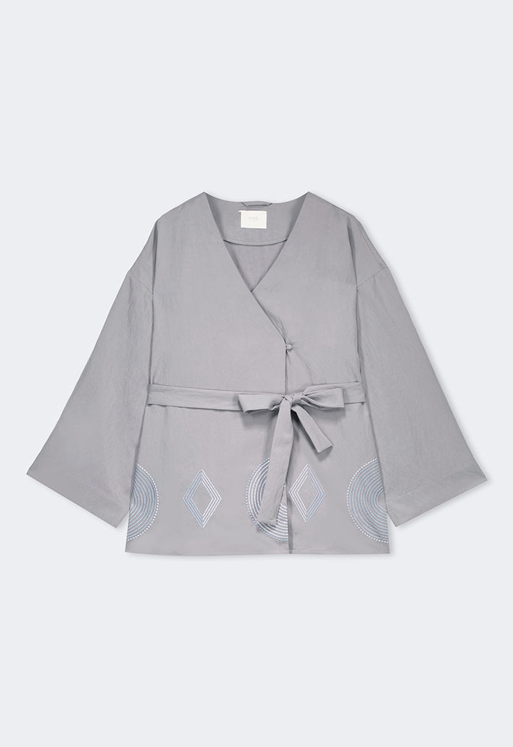 Choice Long Sleeve Embroidered Belted Kimono Grey