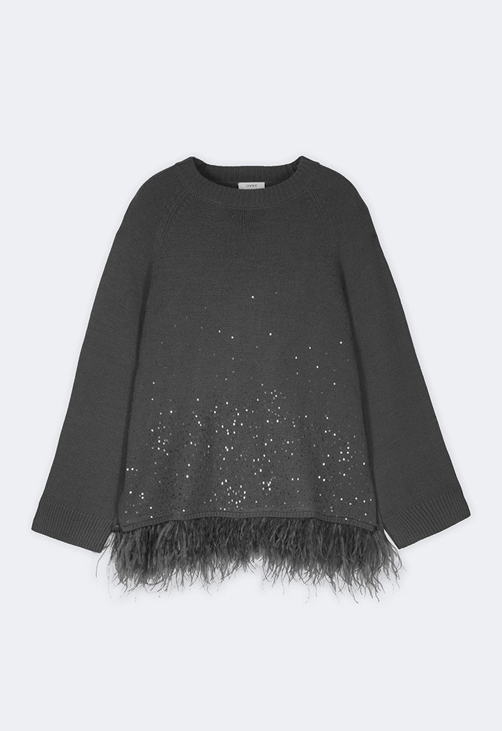 Choice Knitted Tweed Feather Details Sweater  Grey