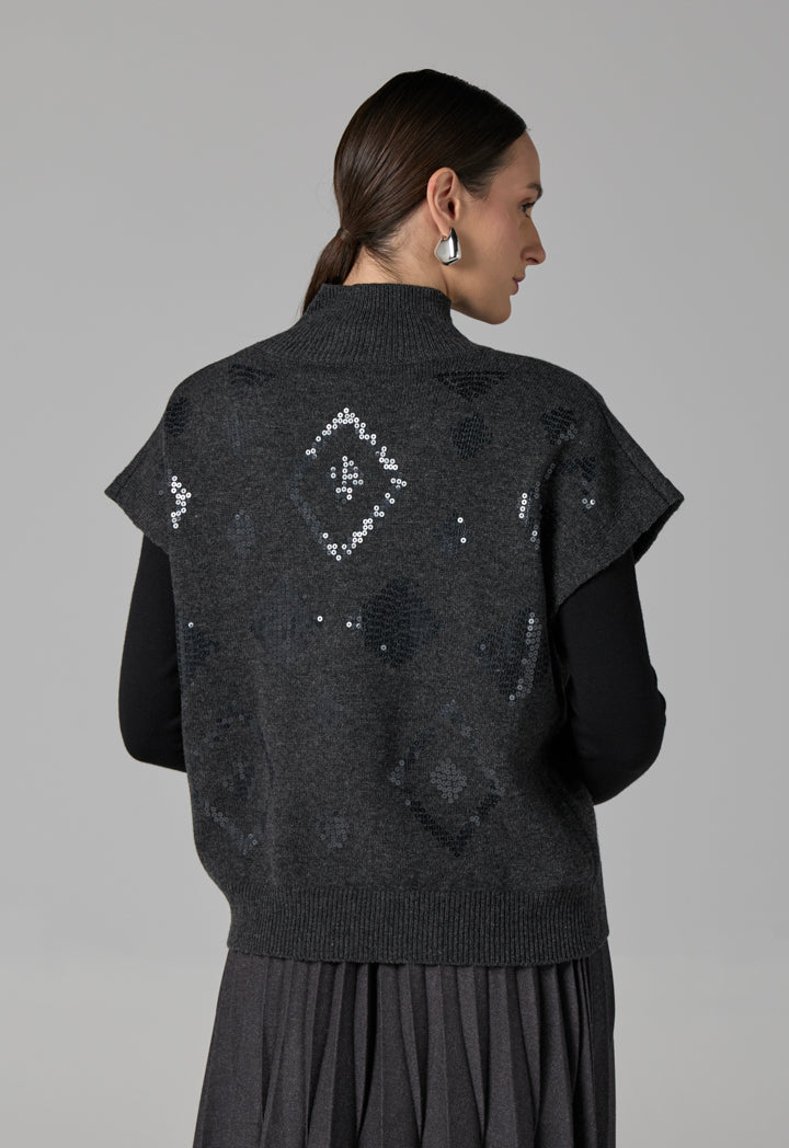 Choice Solid Sleeveless Sequins Knitted Top Grey