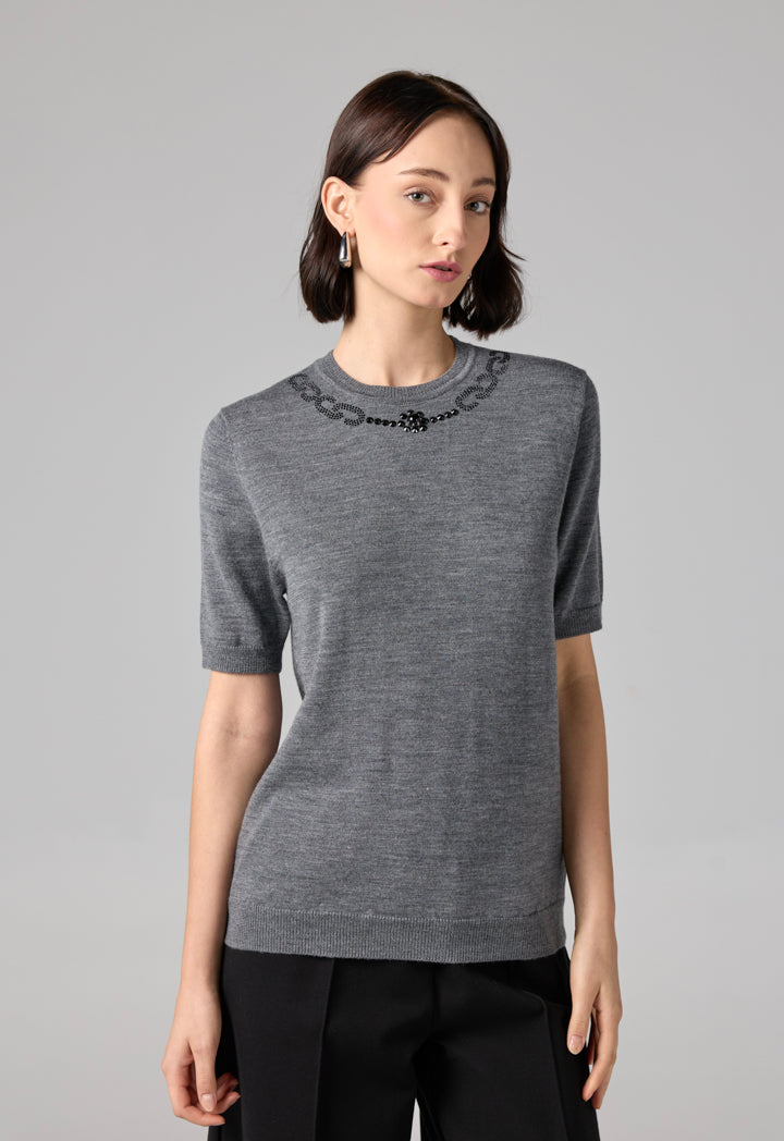 Choice Solid Knitted Short Sleeve Top Grey