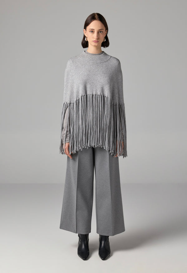 Choice Crew Neck Tassels Poncho Grey