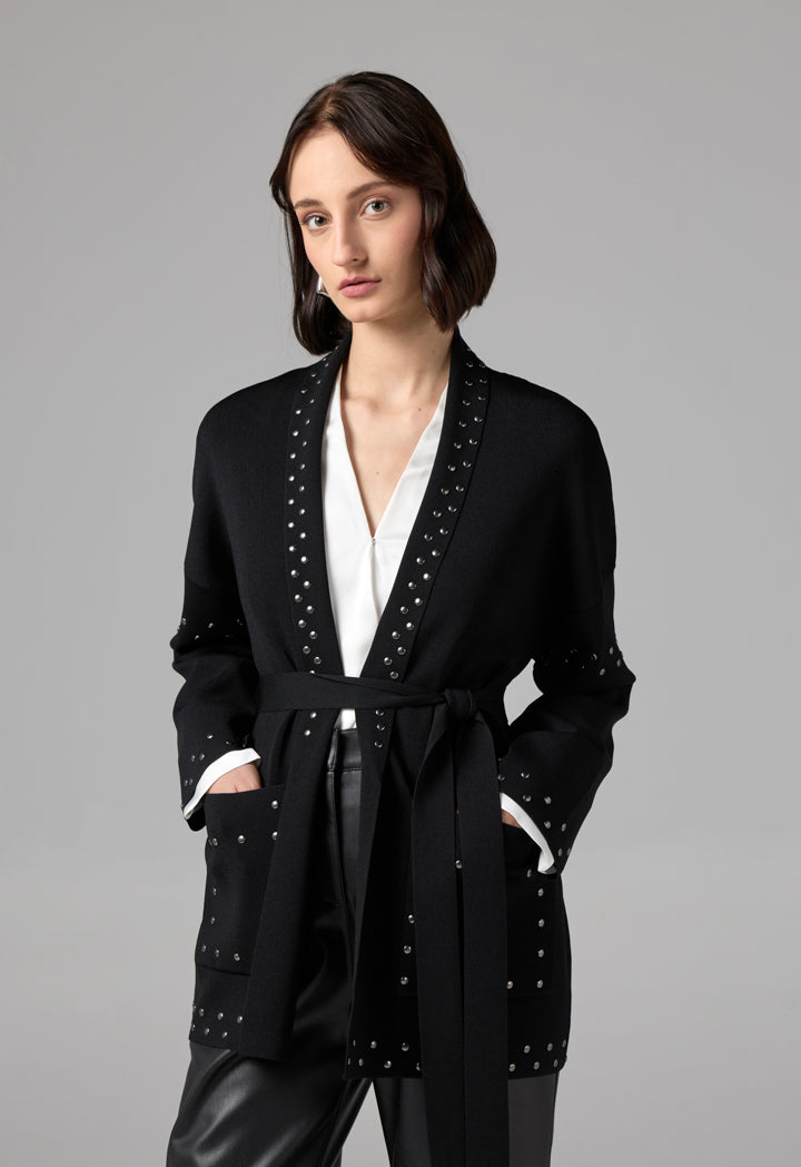 Choice Stud Detail Knitted Belted Cardigan Black