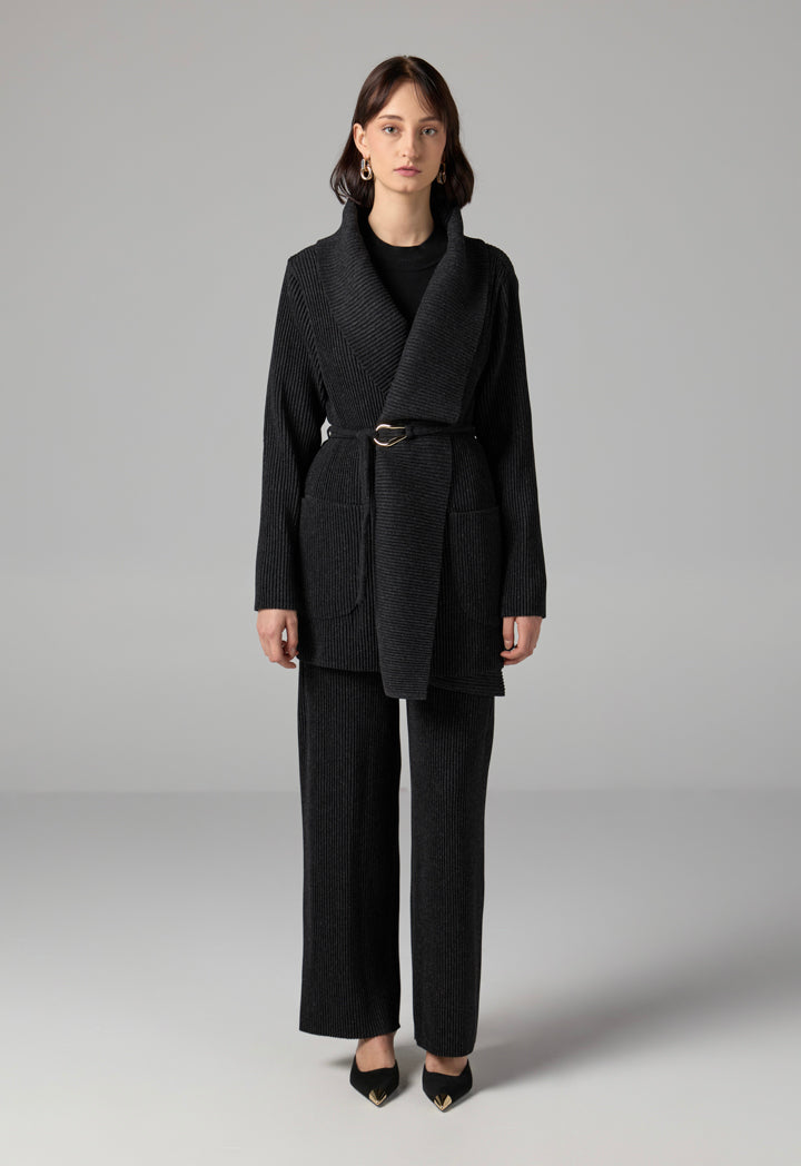 Choice Knitted Ribbed Belted Cardigan Black