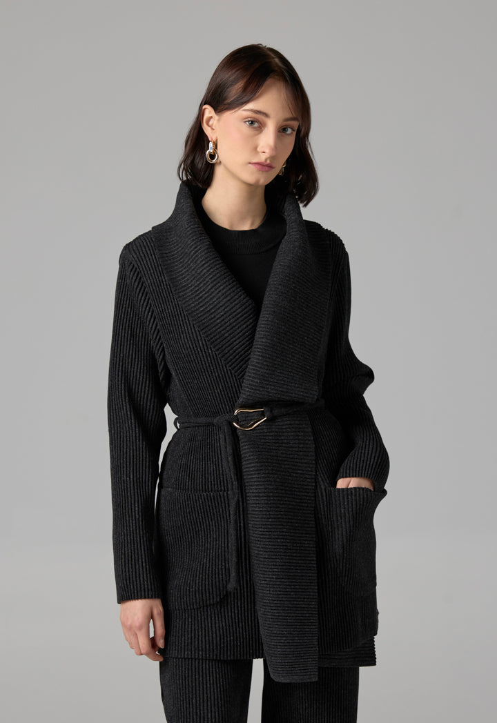 Choice Knitted Ribbed Belted Cardigan Black