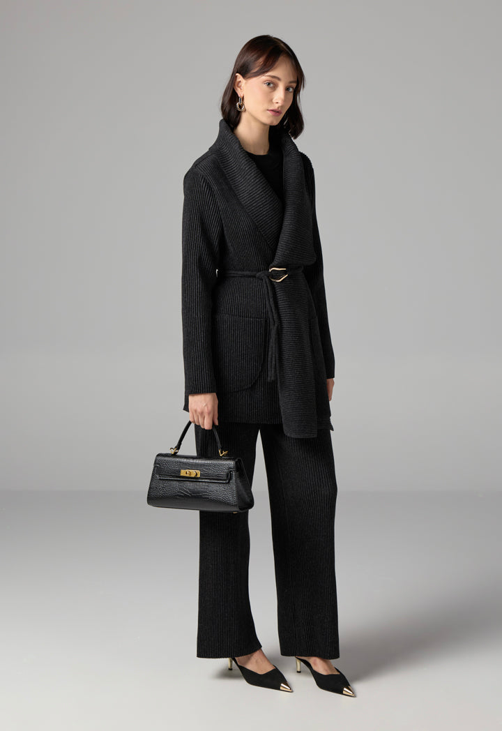 Choice Knitted Ribbed Belted Cardigan Black