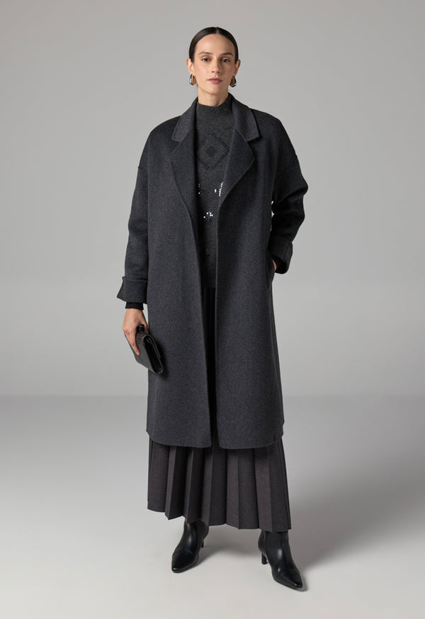 Choice Solid Handmade Midi Belted Coat  Grey