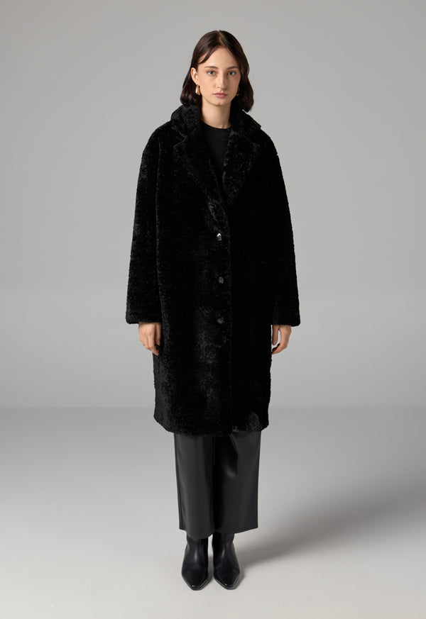 Choice Long Sleeve Solid Midi Teddy Coat Black