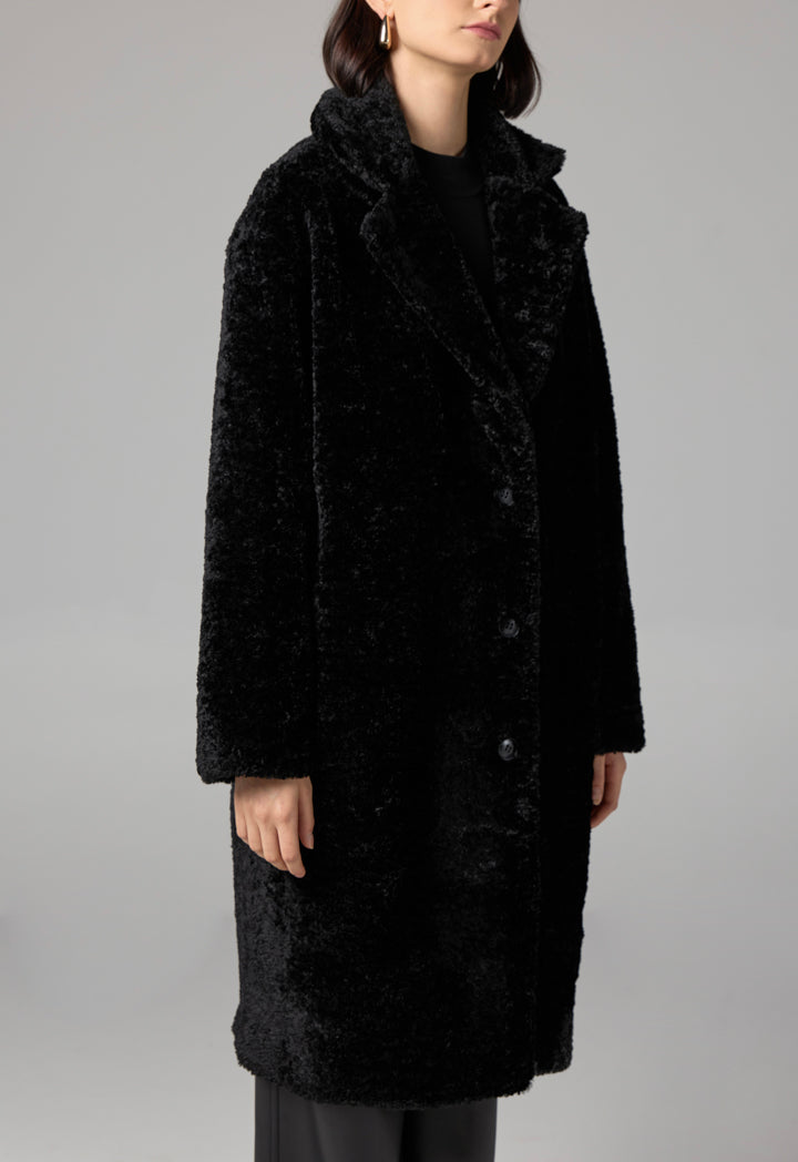 Choice Long Sleeve Solid Midi Teddy Coat Black