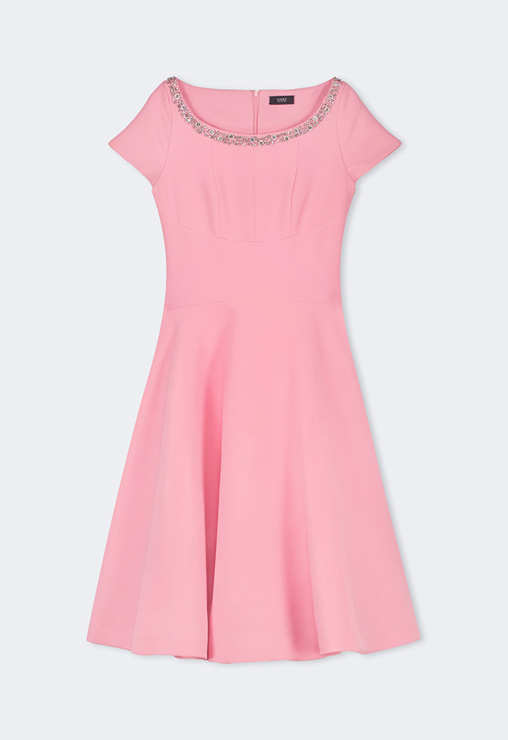 Choice Crystal Embellished Short Sleeves Midi Dress Pink