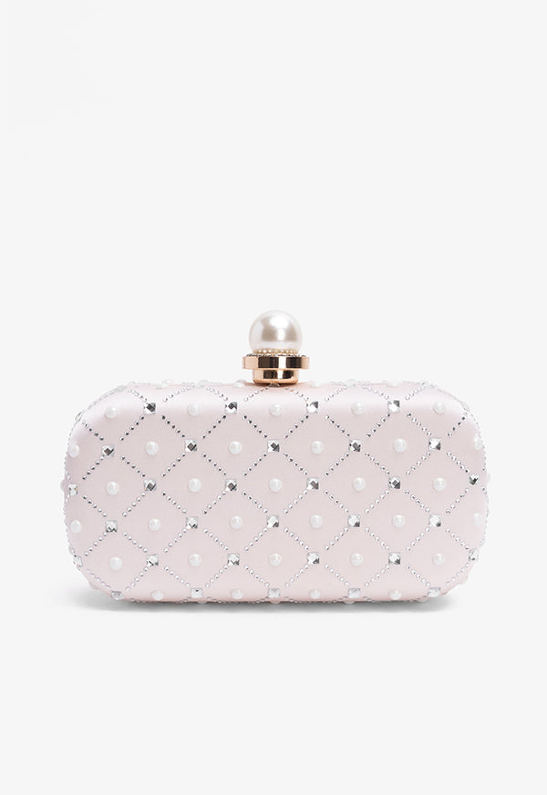 Choice Crystal And Faux Pearls Embellished Clutch Light Pink