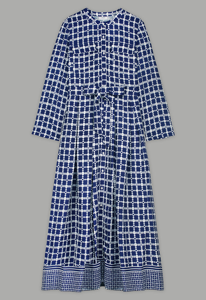 Choice Geometrical Print Pleated Belted Shirt Dress Multi Color