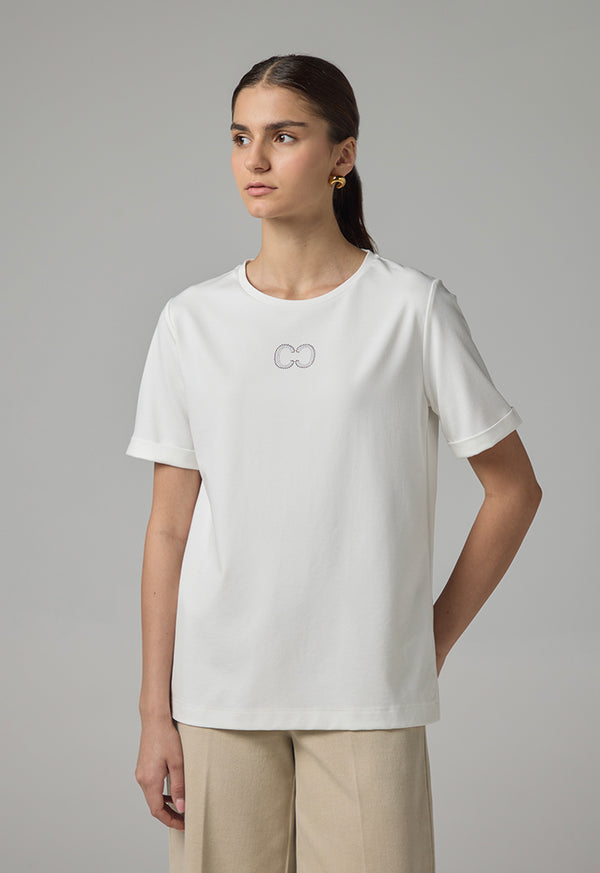 Choice Crystal Embellished Monogram T-Shirt Off White