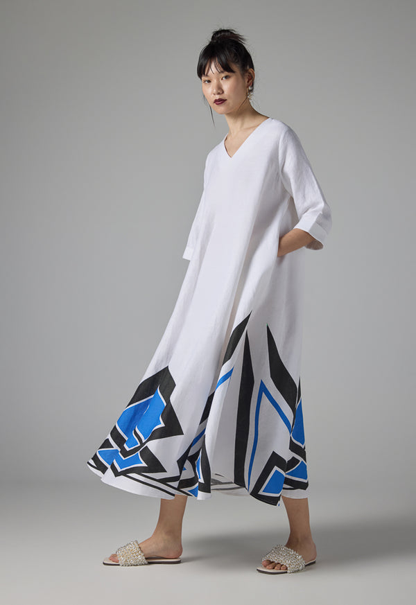 Choice Printed Hem Flared Maxi Belted Dress - Ramadan Style Off White