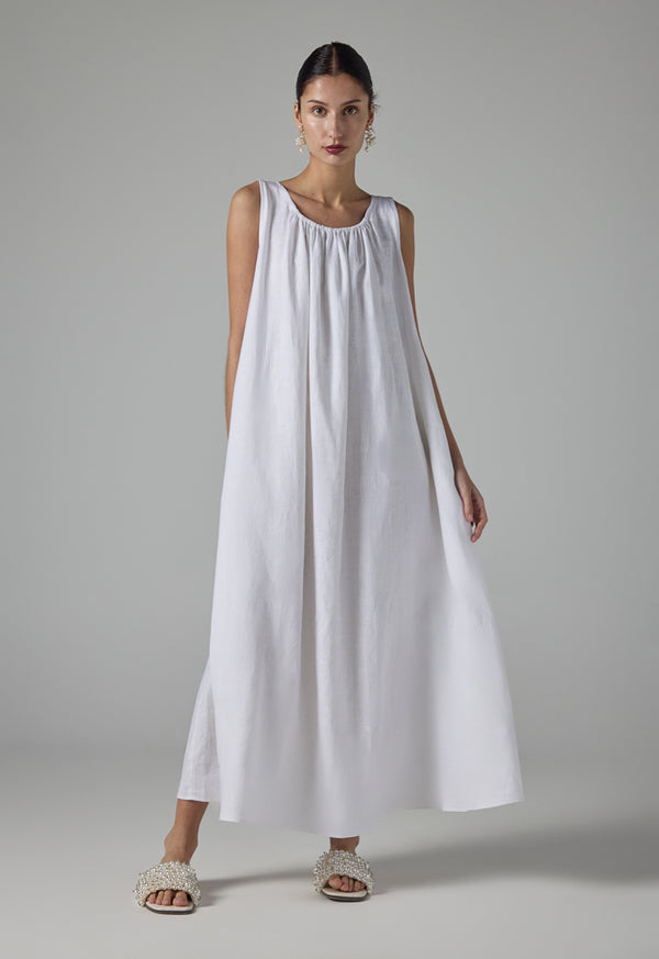 Choice Solid Sleeveless Flared Linen Dress - Ramadan Style Off White