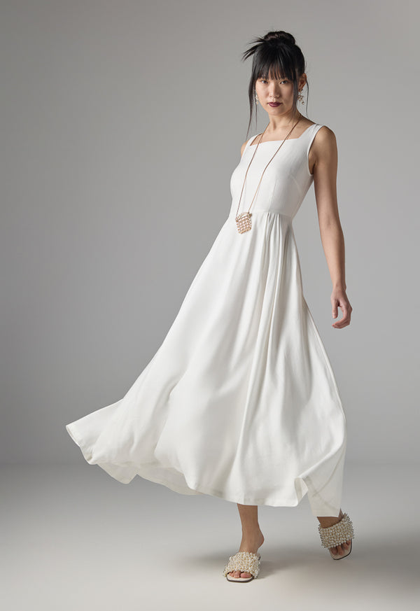 Choice Solid Sleeveless Flared Maxi Dress - Ramadan Style Off White