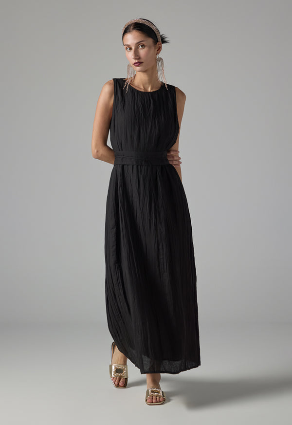 Choice Sleeveless Pleated Basic Belted Dress - Ramadan Style Black