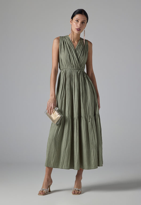 Choice Solid Pleated Sleeveless Dress - Ramadan Style Light Khaki