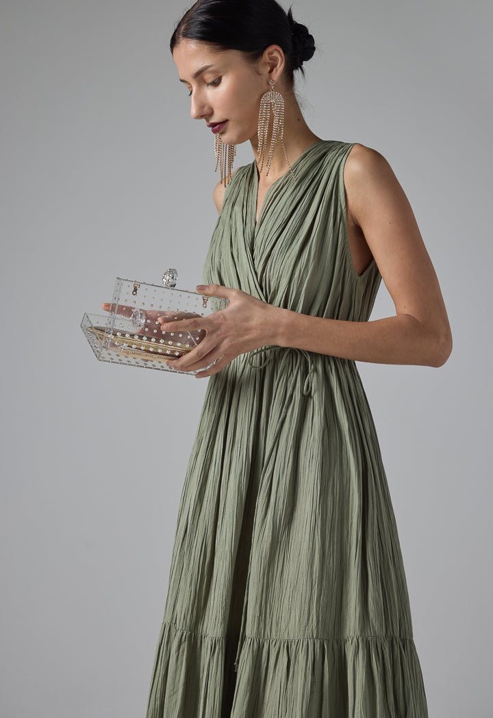 Choice Solid Pleated Sleeveless Dress - Ramadan Style Light Khaki