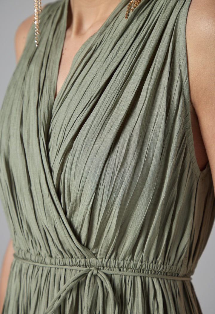 Choice Solid Pleated Sleeveless Dress - Ramadan Style Light Khaki