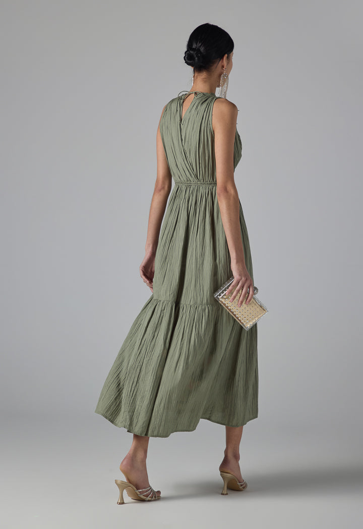 Choice Solid Pleated Sleeveless Dress - Ramadan Style Light Khaki