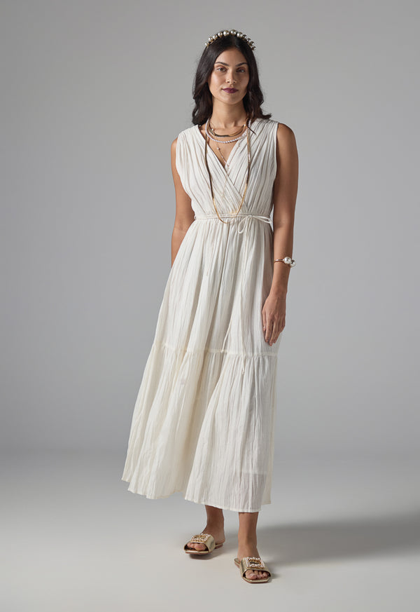 Choice Solid Pleated Sleeveless Dress - Ramadan Style Beige