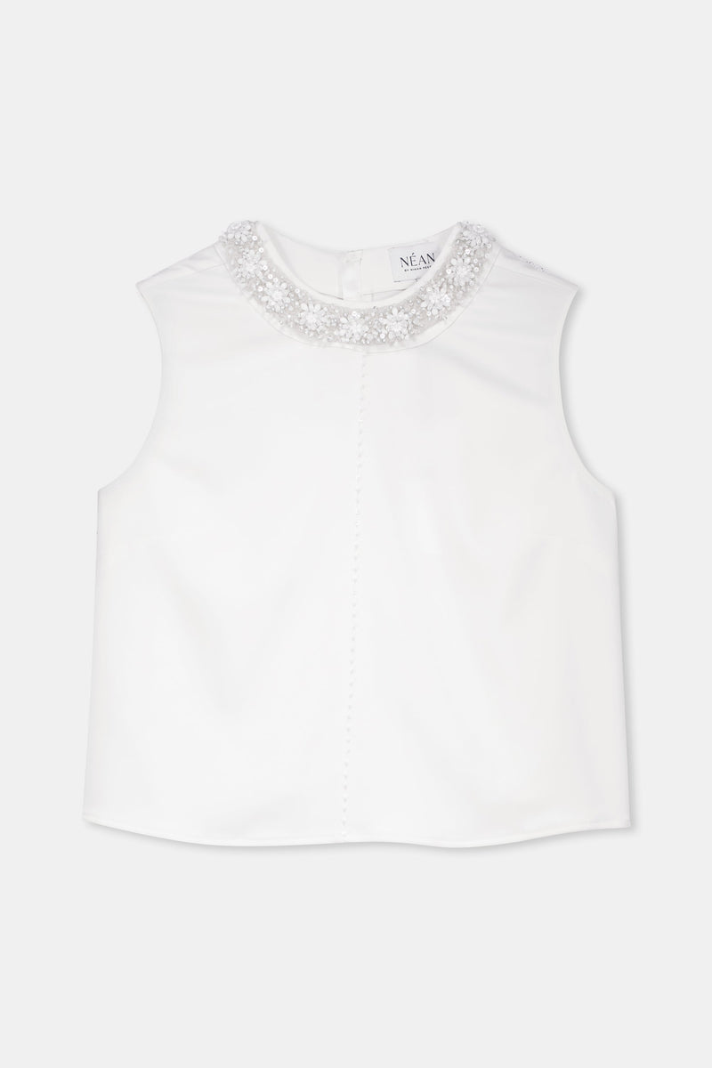 Nean Embellished Collar Sleeveless Top White