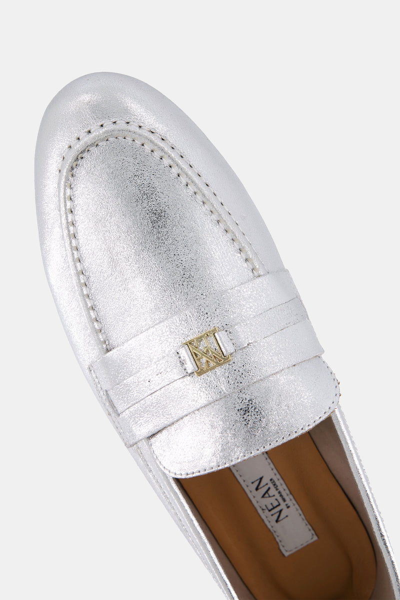 Nean Leather Metallic Embellished Charms Loafers Silver