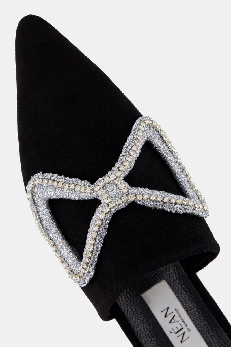 Nean Bow Detail Crystal Embellished Flat Mules  Black