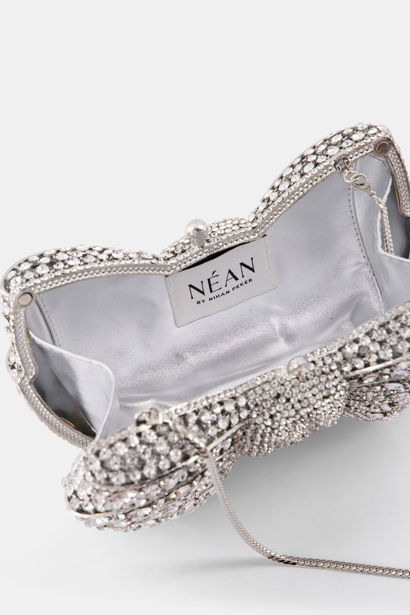 Nean Bow Clutch Bags Crystal Embellished Silver