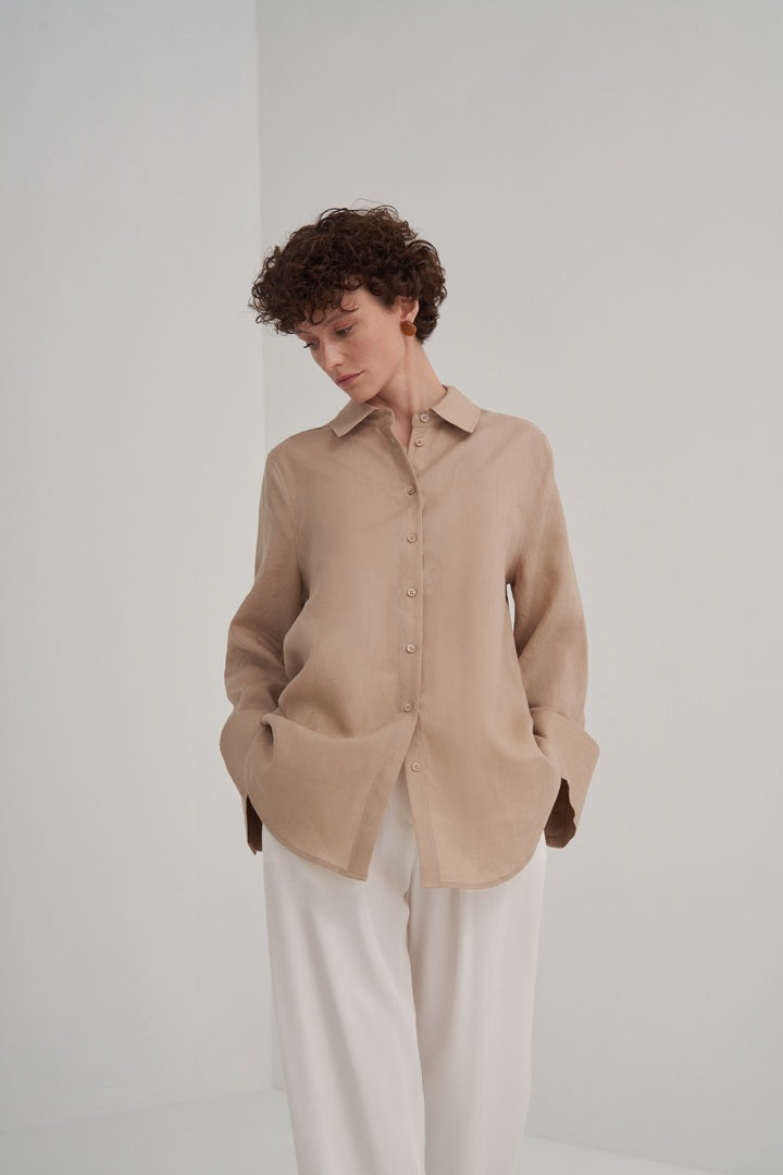 Kk Design 100% Linen Wide Cuffed Shirt Beige
